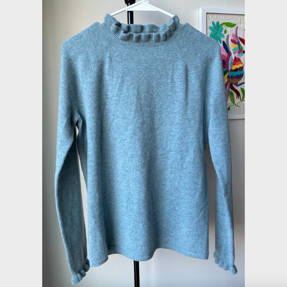 Garnet Hill Blue Cashmere Ruffled-Mock-Neck Sweater - Size S